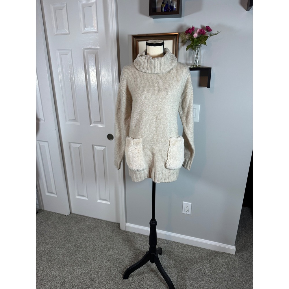 Magaschoni Womens Beige Turtleneck Sweater Faux Fur Pockets Wool Blend Small